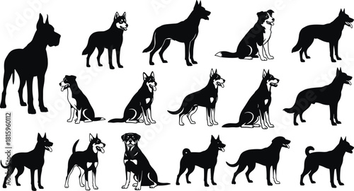 Dog silhouette vector collection, pet animal illustration, black dog breed artwork, domestic puppy design, canine graphic set, isolated background decoration