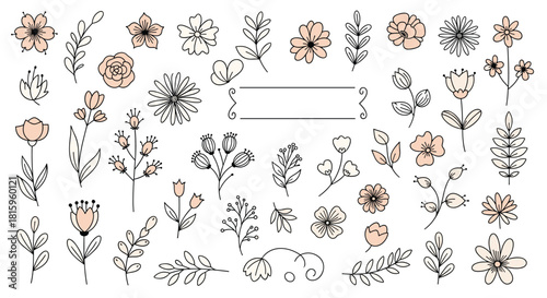 A large collection of hand-drawn doodle flowers and leaves in a delicate pink and black line art style with a blank label frame.