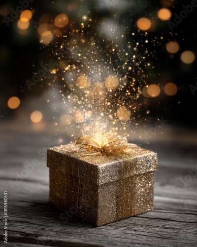 A golden gift box with a bow, glowing light particles flying out of it, a christmas tree in the background, a wooden table, a photo studio.