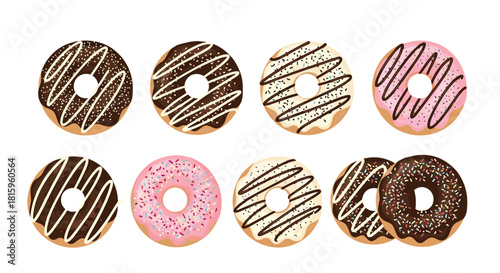 A delicious set of eight assorted donuts with chocolate white and pink frosting sprinkles and decorative drizzle for bakery designs.