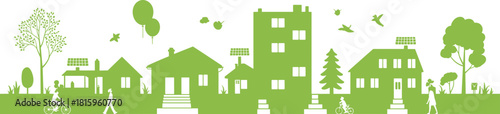 Eco-friendly, green, suburban, neighborhood, silhouette, illustration, solar, energy, community, lifestyle, nature, trees, people, walking, biking, child, dog, birds, balloons, outdoor