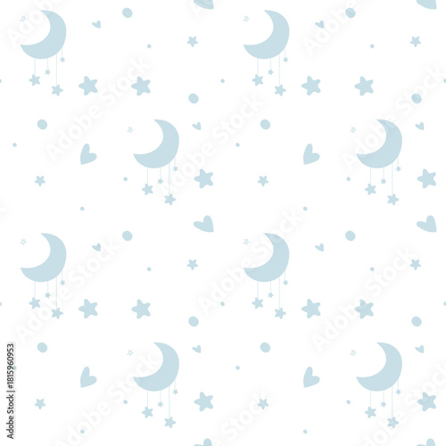 Hanging Stars and Crescent Moon Seamless Pattern for Baby Mobile and Nursery Textile