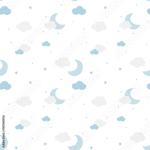 Minimal Crescent Moon and Clouds Seamless Pattern on White for Neutral Baby Design