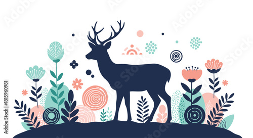 A striking dark blue silhouette of a deer standing among stylized abstract flowers and plants in a modern Scandinavian folk art style.
