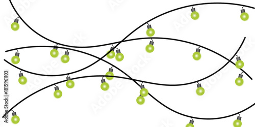 Illustration of several overlapping strings of glowing green party lights on a white background.