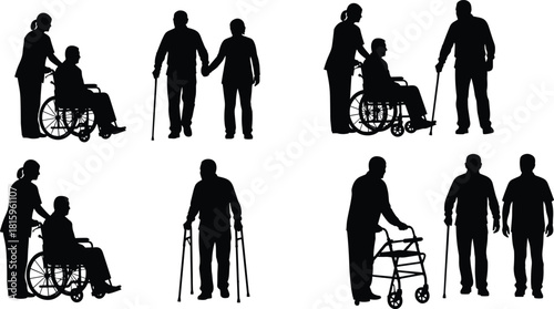 Elderly care, senior support, caregiver assistance, wheelchair mobility, aging population, medical aid, family compassion, rehabilitation, silhouette icons, healthcare scenes