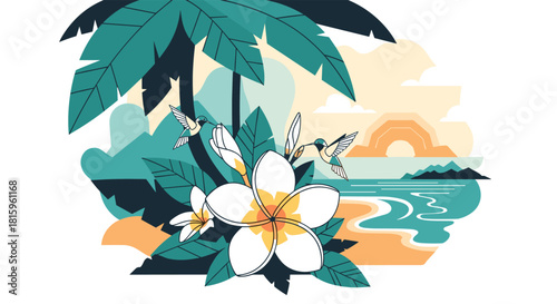 A beautiful tropical landscape illustration with frangipani flowers hummingbirds and a palm tree set against a beach sunset scene.