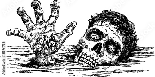 Zombie hand emerging from dark waters in a vintage engraving style. This black and white vector illustration showcases creepy, haunting elements typical of horror themes.