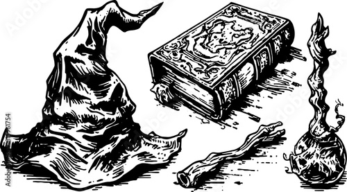 Vintage engraving of a hat, book, and wand. Detailed line drawing set in a black and white vector illustration style.