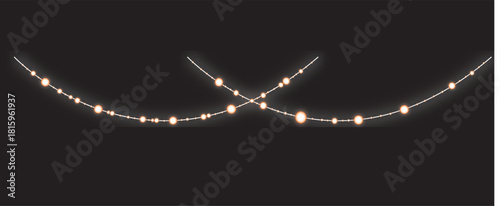 Christmas lights garland isolated on dark background. Glowing lamp light with sparkles. Christmas, New Year, wedding or Birthday decorations