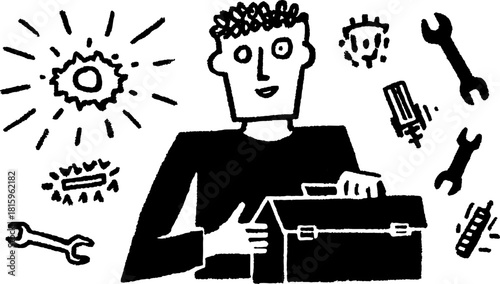 Cute cartoon robot holding a toolbox with tools. Simple black and white vector illustration depicting a character in a mechanic set.