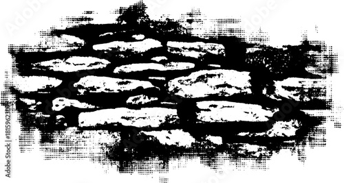 Antique engraved stone print illustration with stipple texture. Retro black and white vector artwork set on a textured background.