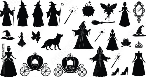 Fairy tale silhouettes, witch, fairy, princess, fantasy elements, magical icons, enchanted symbols, vector pack, storytelling, Halloween, royalty, mystery, spell, cauldron