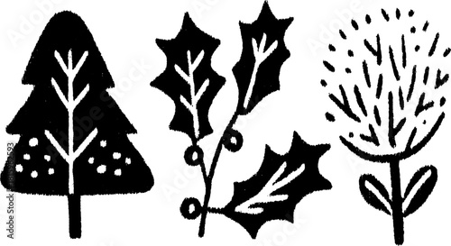 Hand-drawn tree and plant illustrations in black and white. Simple vector illustration featuring botanical elements in a decorative set.