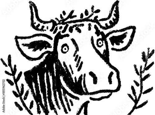 Cow illustration in black and white sketch style. A simple vector design set featuring leaves and branches, highlighting rural themes.