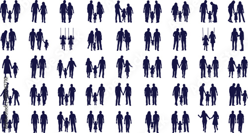 Family silhouette grid, parents and children, walking together, holding hands, social interaction, demographic concept, vector illustration, dark blue icons
