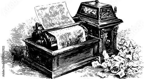 Vintage printer and typewriter machine illustration. Mechanical device with a roll of paper in a detailed black and white vector design.