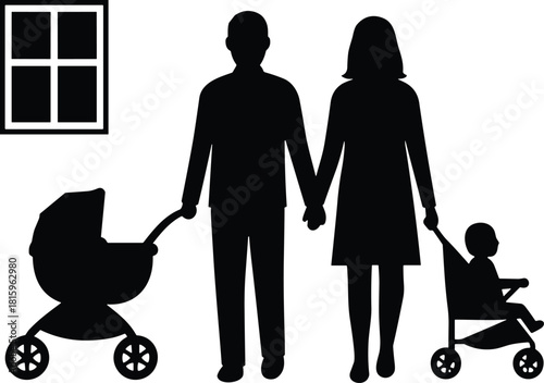 Family silhouette, parenting scene, indoor lifestyle, baby stroller, pushchair, caregiving, mother, father, children, window light, domestic love, bonding moment