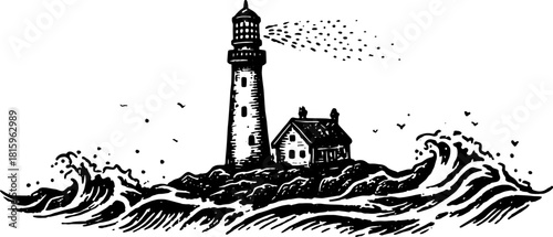 Lighthouse by the ocean with crashing waves. Vintage vector illustration featuring detailed outlines of the beacon and surrounding scenery in graphic style.