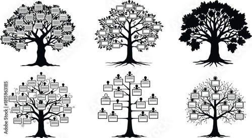 Family tree illustration, organizational chart design, genealogy concept, abstract tree structure, hierarchy visualization, ancestry diagram, network, icons, branches, nodes