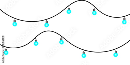 Two wavy strings of glowing cyan Christmas lights hanging on a plain white background, creating a festive border.
