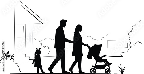 Family walking outdoors, parenting, stroller, children, suburban house, togetherness, lifestyle, bonding, weekend activity, silhouette, black and white, nature