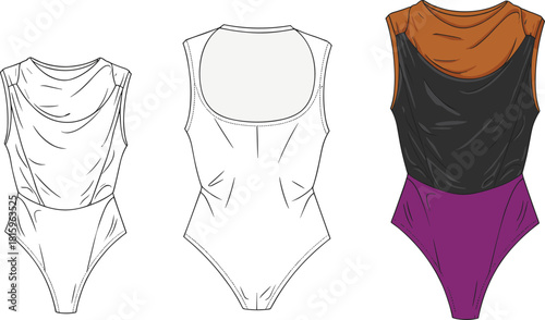 Fashion bodysuit, sleeveless design, draped neckline, color block garment, technical sketch, stylish apparel, modern silhouette, front back view, trendy wear