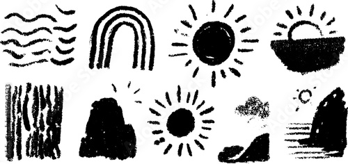Sun and rainbow elements with waves and mountains. Simple black design in vector illustration showcasing various landscape shapes in set format.