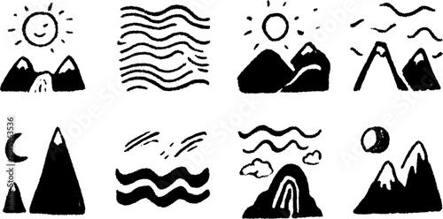 Landscape illustration featuring mountains, a sun, and clouds. Simple black and white vector set with waves in a scenic design.