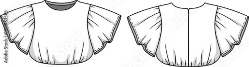 Fashion flat sketch of women short sleeve crop top blouse with elastic hem, ruffle sleeves, back zipper, minimalist apparel design