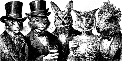 Vintage illustration featuring a set of elegant animals: a cat, owl, rabbit, and sheep, all in formal attire holding drinks. Chic vector art captures a festive gathering.