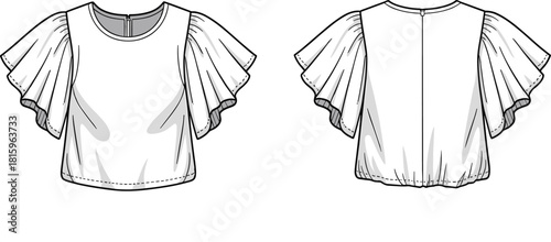 Fashion illustration, blouse sketch, ruffled sleeves, cropped top, round neckline, zipper back, garment design, technical drawing, apparel concept, layered silhouette