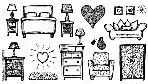 Furniture set including a bed, couch, tables, and lamps. Hand-drawn vector illustration in black and white, showcasing decor themes.