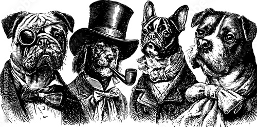 Vintage illustration of stylish dogs in unique attire. Set features fashionable pets in a quirky artistic style, showcasing their character in a vector format.