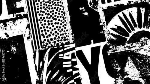Black and white collage featuring abstract graphics and textures. The composition includes patterns and visual elements in a modern vector illustration set.