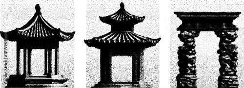 Pavilion architecture with distinctive roof styles. Black and white vector illustration of traditional structures in a detailed design set.