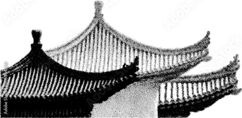 Traditional roof architecture illustrating structural design and intricate details. Black and white vector illustration with elegant curves and patterns.