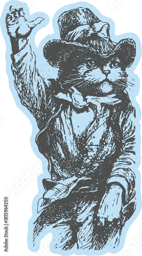 Vintage illustration of a cat in dapper clothing, raising a paw. This charming vector art presents a whimsical character in a classic style.