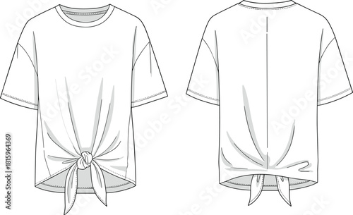Fashion sketch, casual T-shirt, knotted hem, relaxed fit, dropped shoulder, front back view, apparel design, garment illustration, vector drawing, style