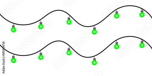 Two parallel strings of festive green Christmas lights hanging in a wavy pattern on a white background.