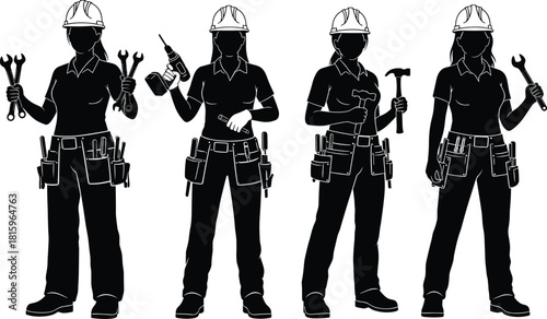 Female construction workers silhouette vector, women engineers with drill wrench hammer, industrial labor illustration, repair technician builder design, woman mechanic tools