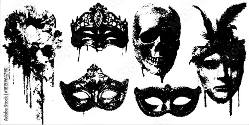 Set of vintage masks featuring skull, crown, and peacock designs. Engraved silhouettes in black and white vector illustration.