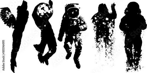 Astronaut silhouettes in a space theme. Flat vector illustration showcasing exploration and adventure in a creative set.