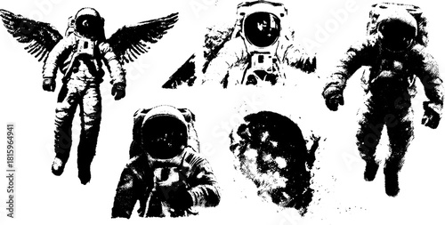Astronaut with wings in a flying pose. Black and white vector illustration with a modern texture set for design purposes.