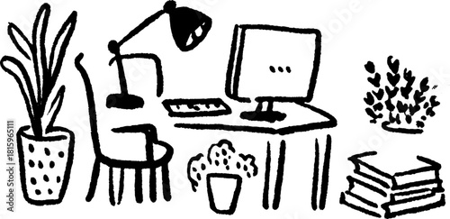 Desk setup with a computer, lamp, and plants. Simple vector illustration featuring an office arrangement with books and furniture.