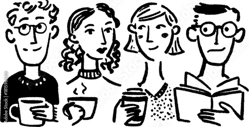 People enjoying coffee in a sketched style. Modern vector illustration of a group holding drinks in a social setting.
