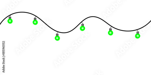 A string of glowing green party lights on a wavy black wire against a plain white background.