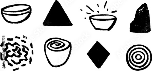 Silhouette hand-drawn shapes in a set, including triangles, circles, and bowls. Simple black vector illustration with unique designs and patterns.