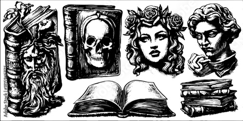 Books and skull illustrations in black and white, showcasing classic designs. This vector art features a set of artistic elements related to wisdom.