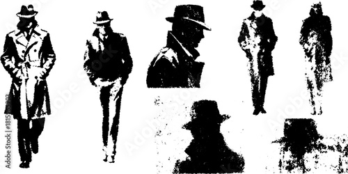 Man in hat and coat silhouette walking. Vintage black and white vector illustration emphasizing mystery and classic style.